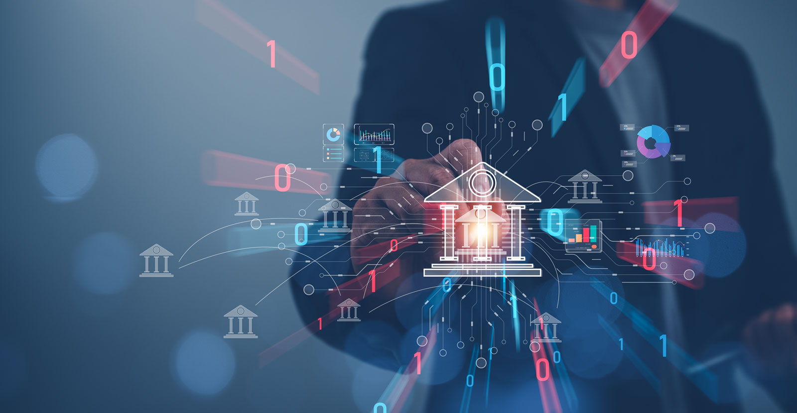 Person pointing to futuristic banking images